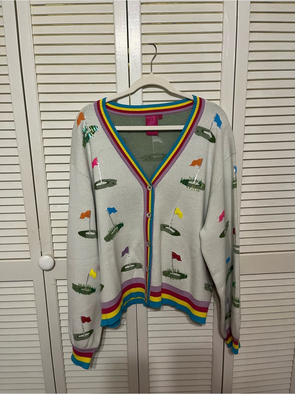 NWOT Queen of Sparkles Golf-Flag Cardigan Sweater - Cream with Multicolor Trim